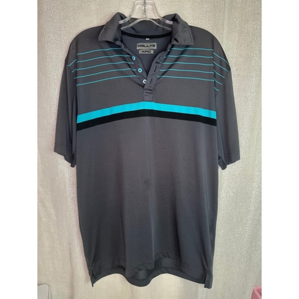 Hollas XFC Golf Polo Shirt Striped Athletic Gray Blue Mens‎ Large